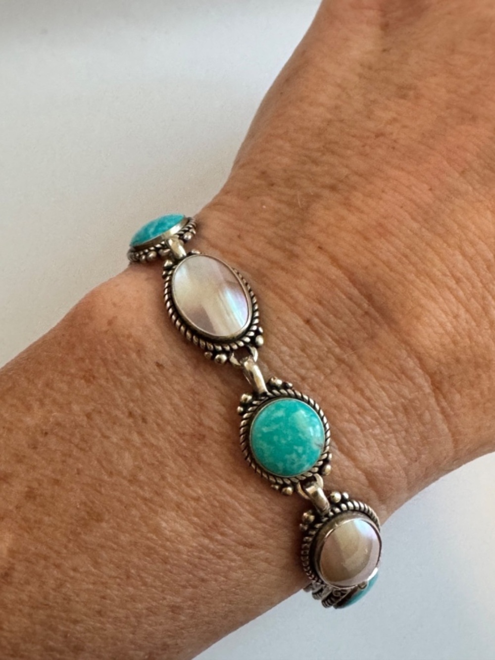 VTG Carolyn Pollack Relios Sterling Silver Bracelet Turquoise Mother of Pearl